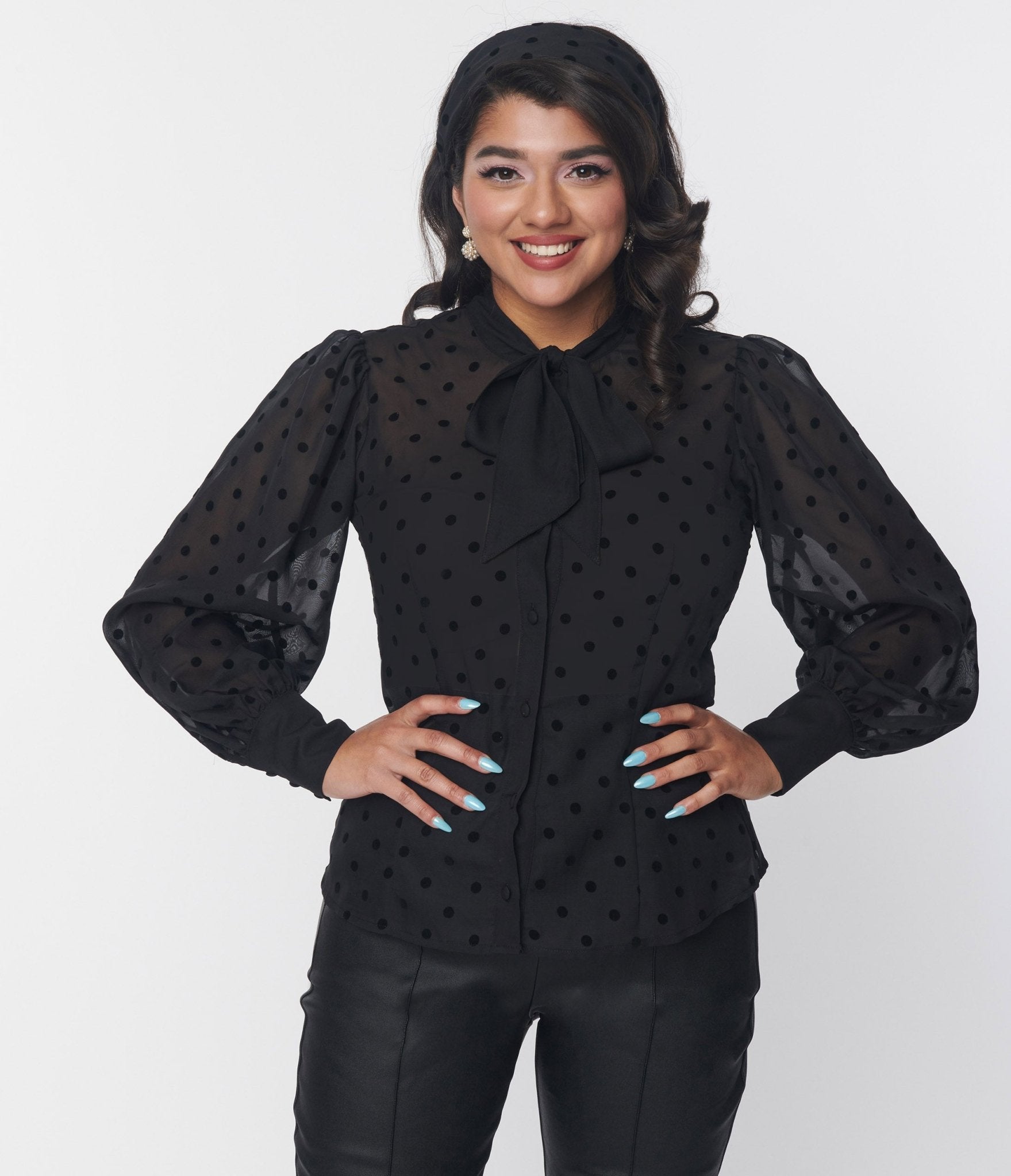 Unique Vintage Black Flocked Polka Dot Tie Neck Gwen Blouse