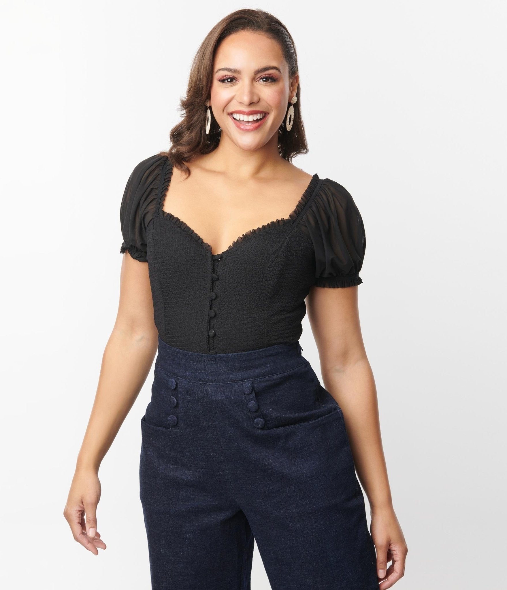 Unique Vintage Black Textured Sweetheart Puff Sleeve Top