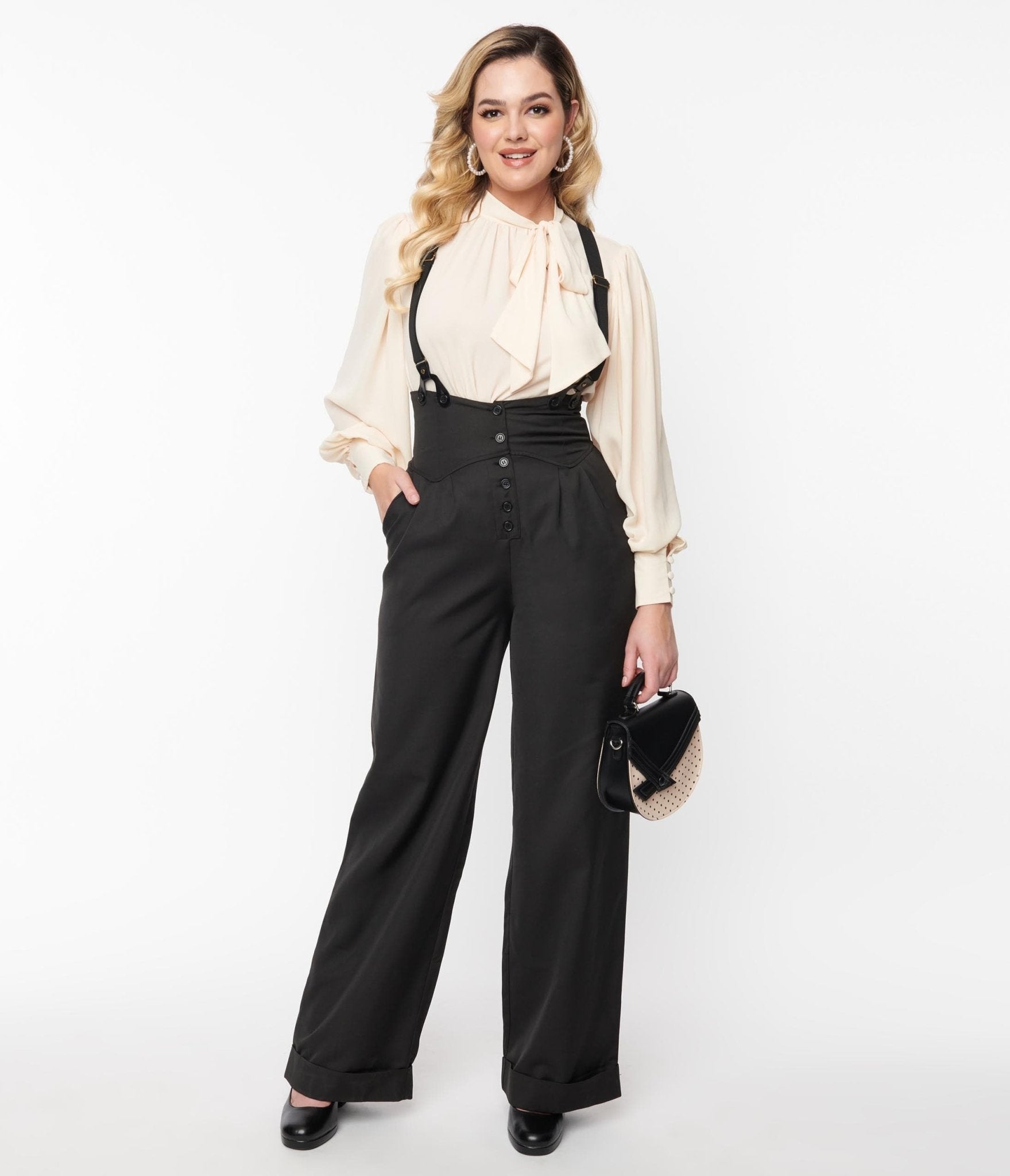 Unique Vintage Plus Size Black Wide Leg Rochelle Suspender Pants