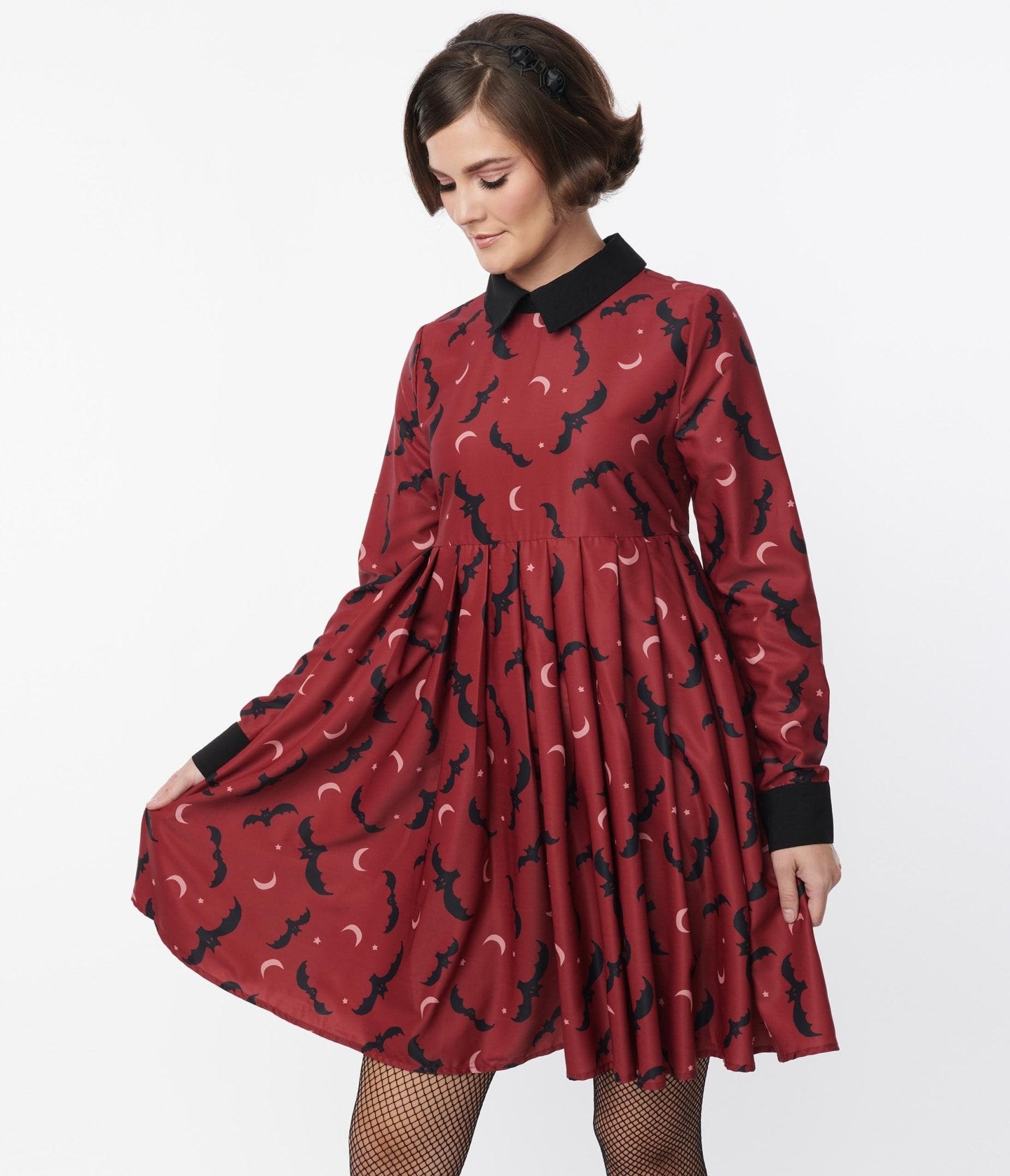  Black Cemetery Red Bat Print Women Halloween Dress