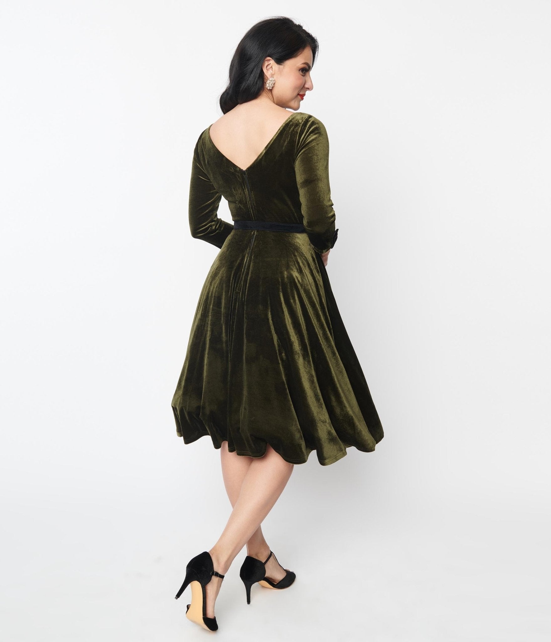 Unique Vintage Deep Olive Green Velvet Faux Bow Devon Swing Dress
