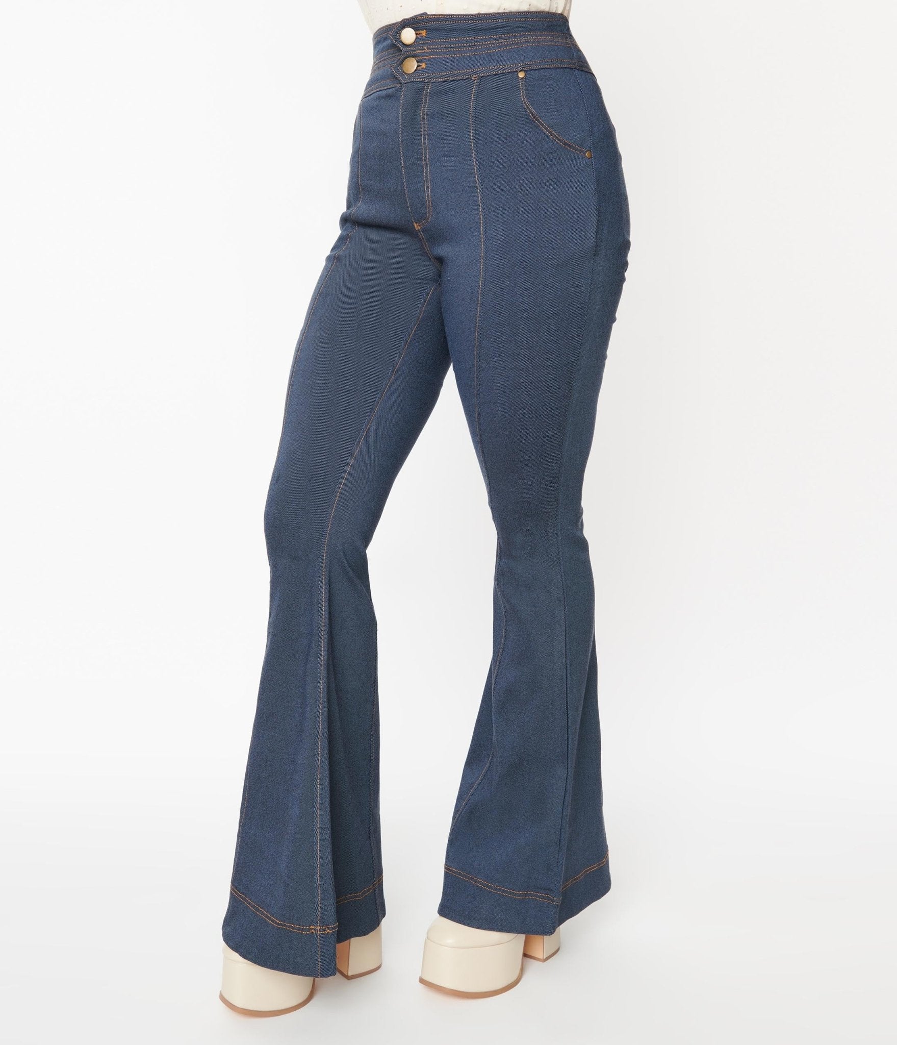 Retro & Vintage Unique Vintage Denim High Waisted Bell Bottom Jeans