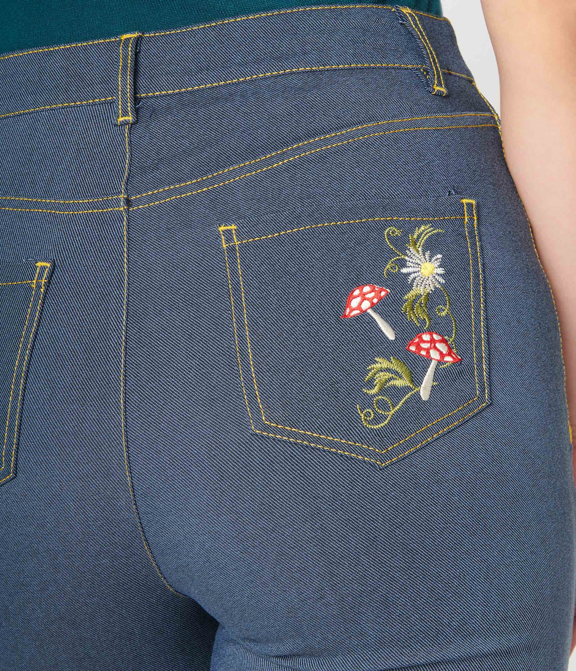 Unique Vintage Denim Mushroom & Daisy Embroidered Rachelle Capri Pants