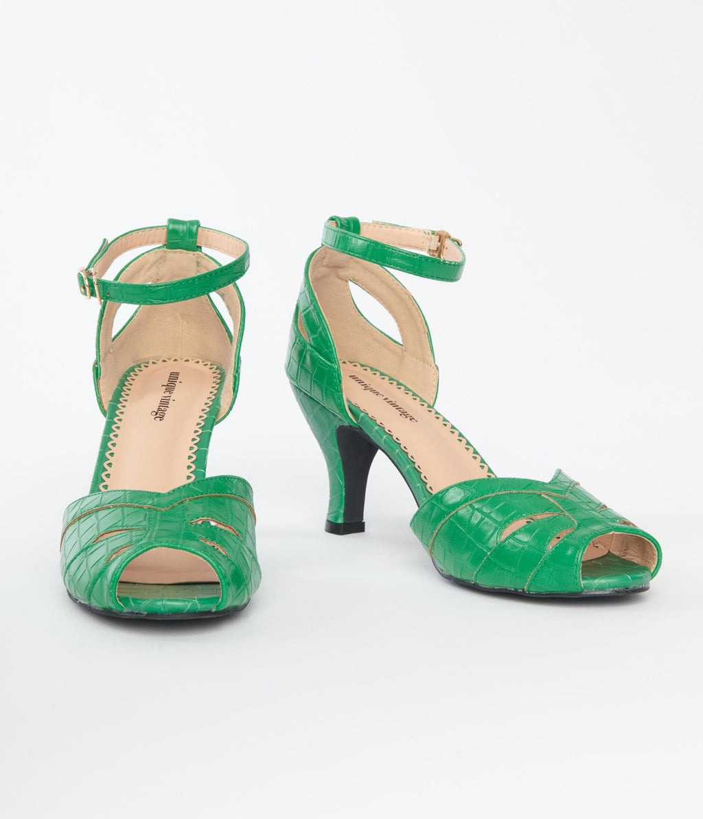 Unique Vintage 1930s Green Crocodile Peep Toe Heels