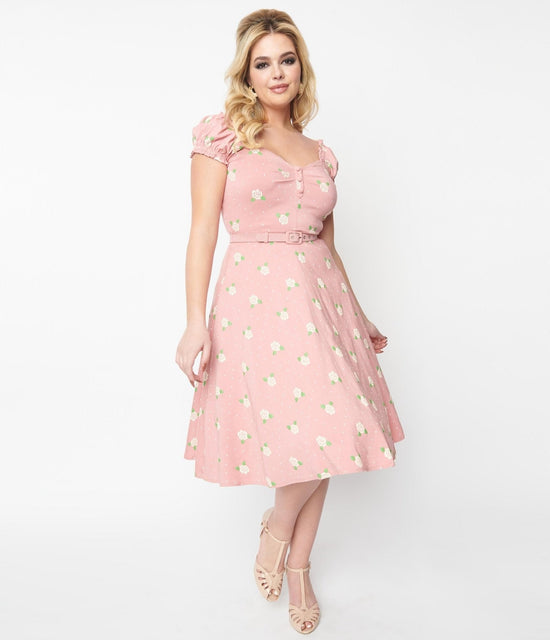 Unique Vintage Pink & Cream Rose Print Ohara Swing Dress