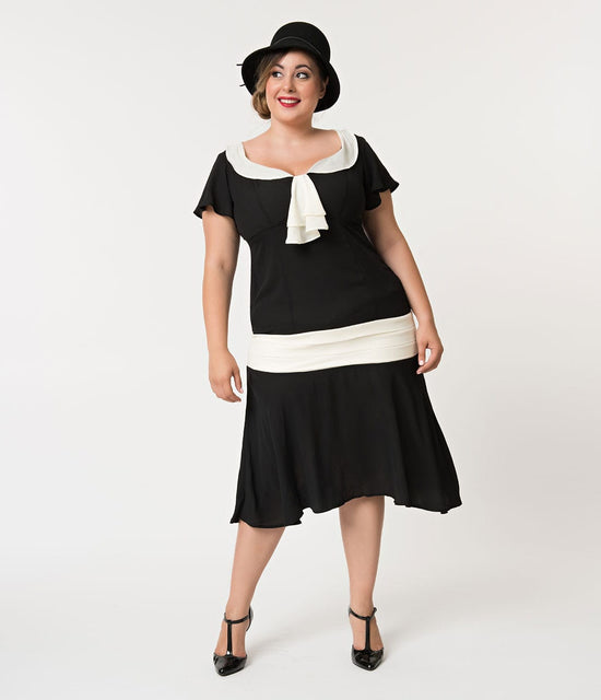 Unique Vintage Plus Size 1920s Black & Cream Wilshire Flapper Day Dres