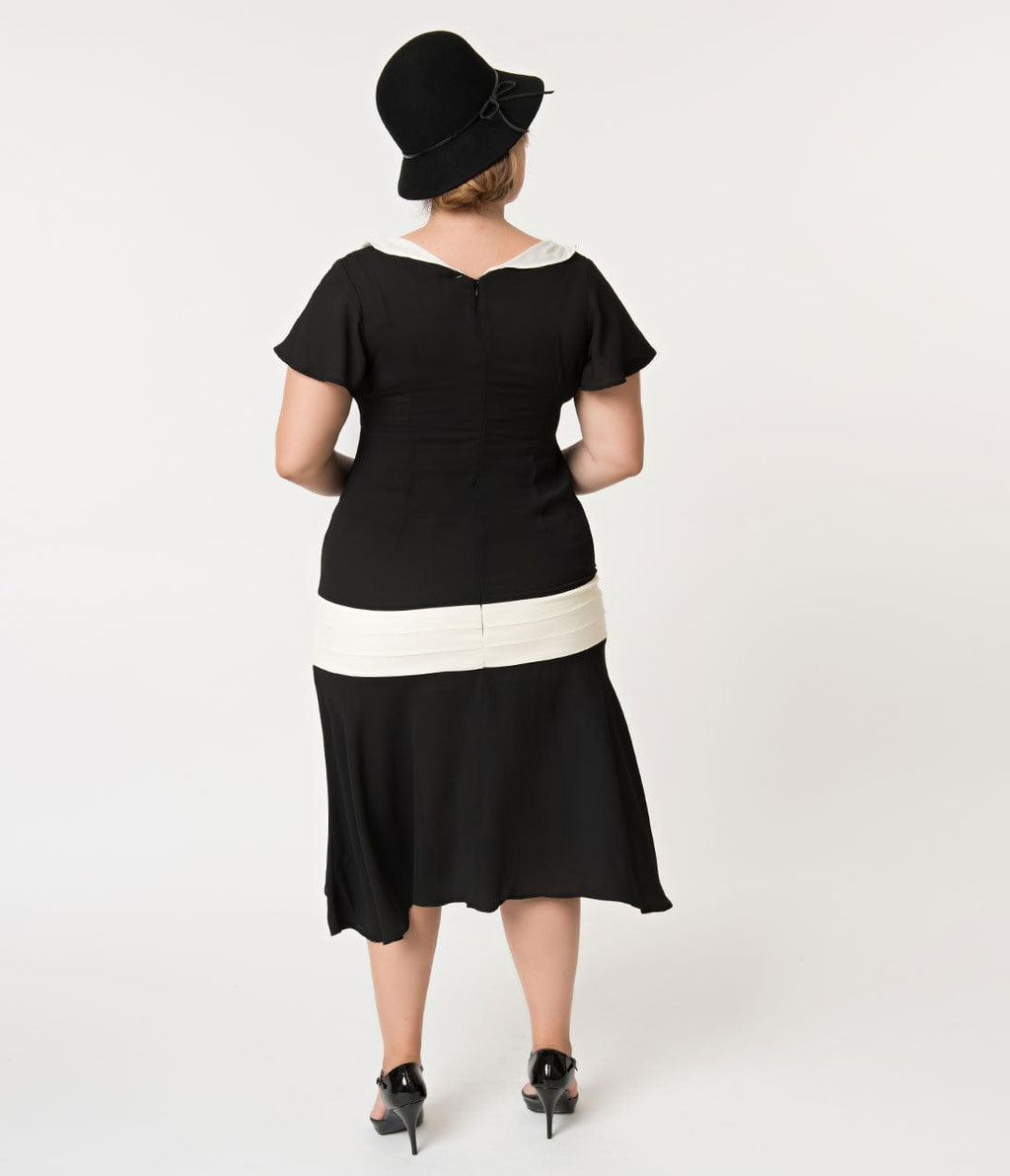 Unique Vintage Plus Size 1920s Black & Cream Wilshire Flapper Day Dres