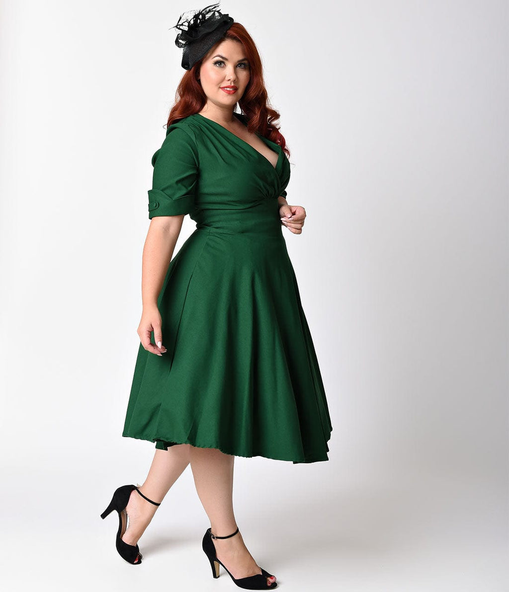 Unique Vintage Plus Size Emerald Green Delores Swing Dress with Sleeve