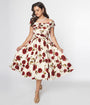 Unique Vintage White & Red Roses Off The Shoulder Tea Length Dress