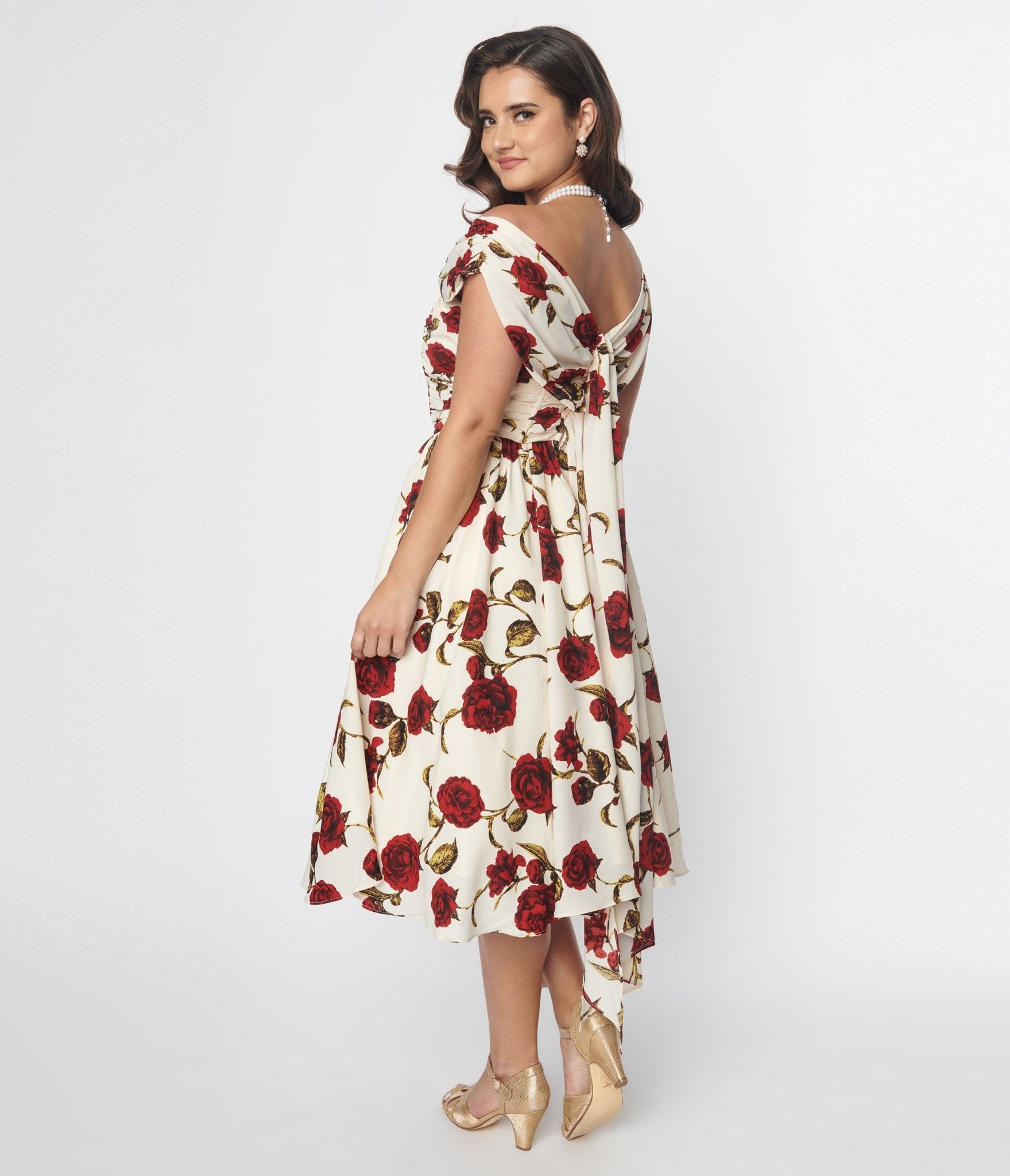 Unique Vintage White & Red Roses Off Shoulder Tea Length Dress - Unique Vintage - Womens, DRESSES, PROM AND SPECIAL OCCASION