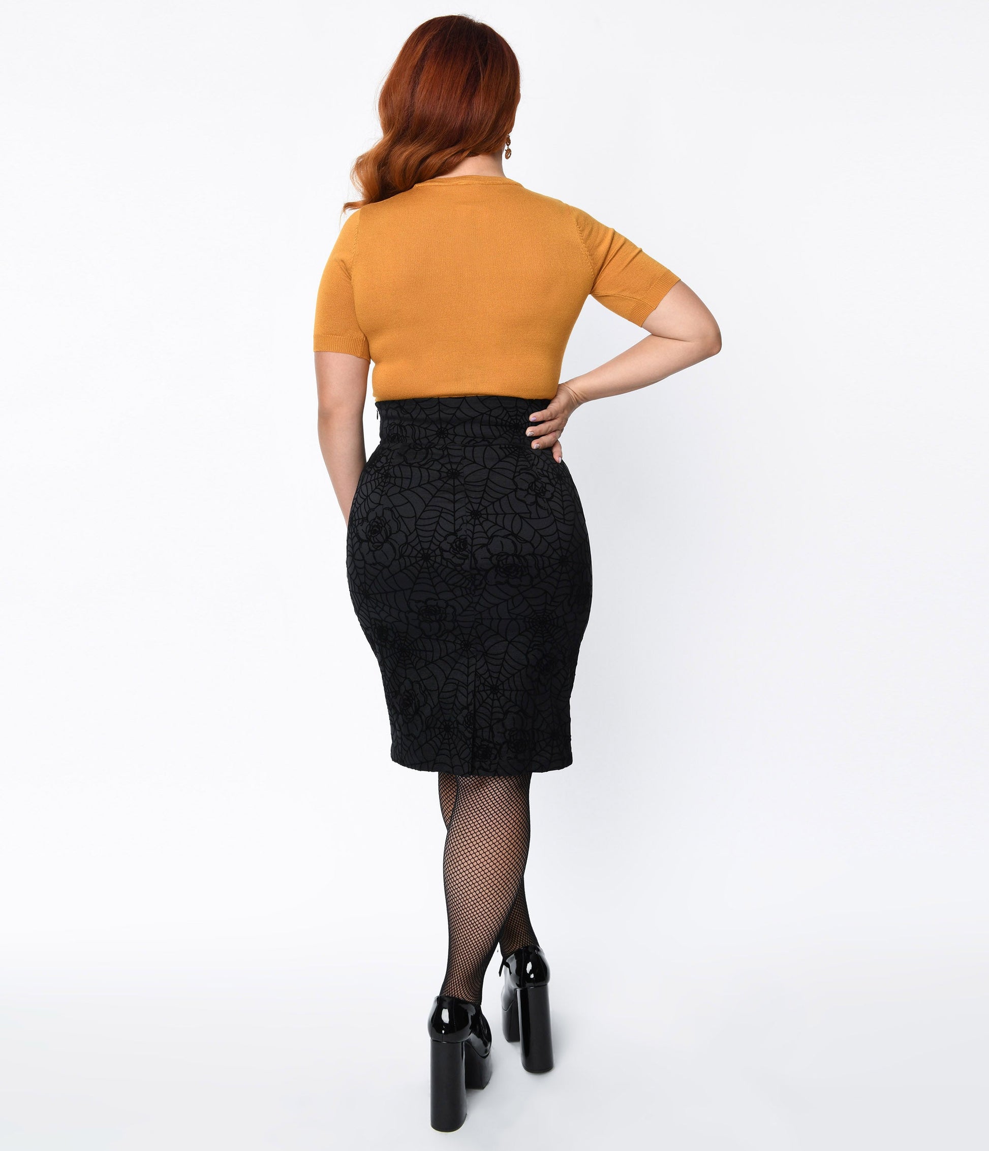 Voodoo Vixen Black Floral Spiderweb Pencil Skirt - Unique Vintage - Womens, HALLOWEEN, BOTTOMS