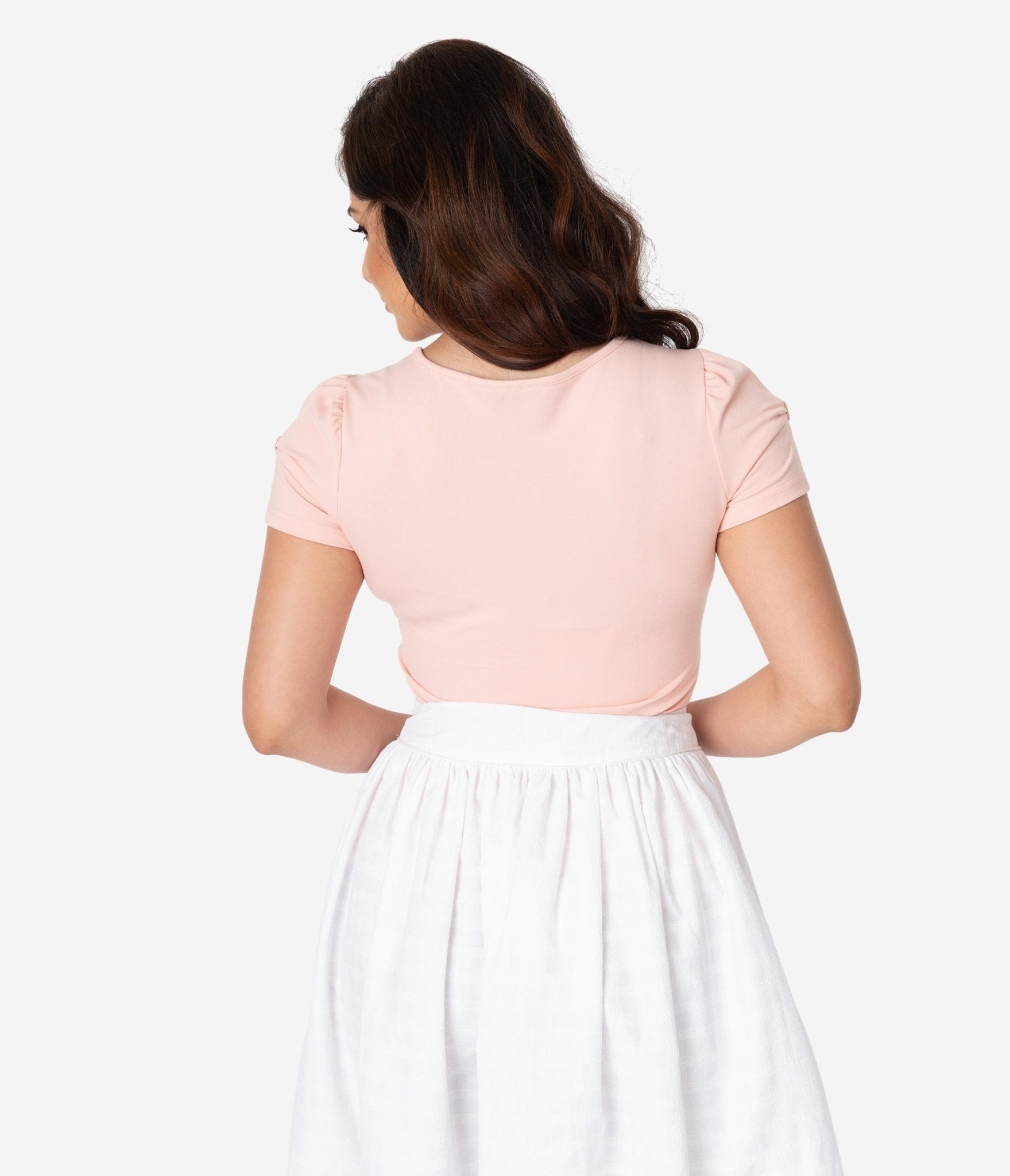 Voodoo Vixen Blush Pink Gathered Bow Short Sleeve Savannah Top - Unique Vintage - Womens, TOPS, KNIT TOPS