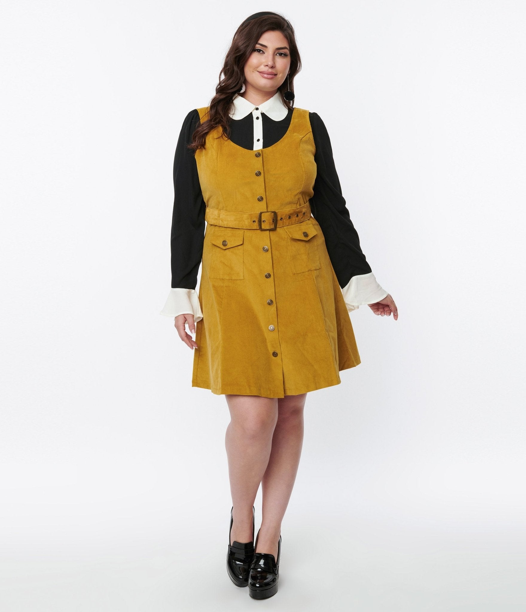 Voodoo Vixen Mustard Yellow A-Line Corduroy Dress Vintage Belted – Unique