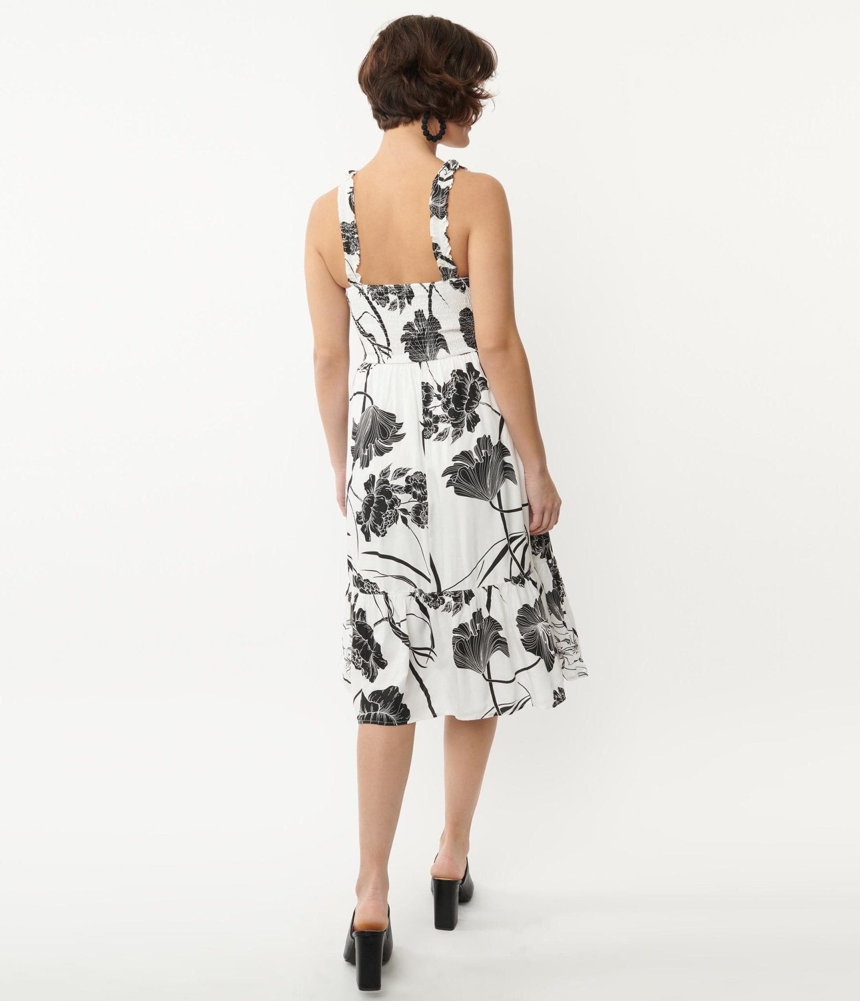 White & Black Tropical Floral Print Midi Dress – Unique Vintage