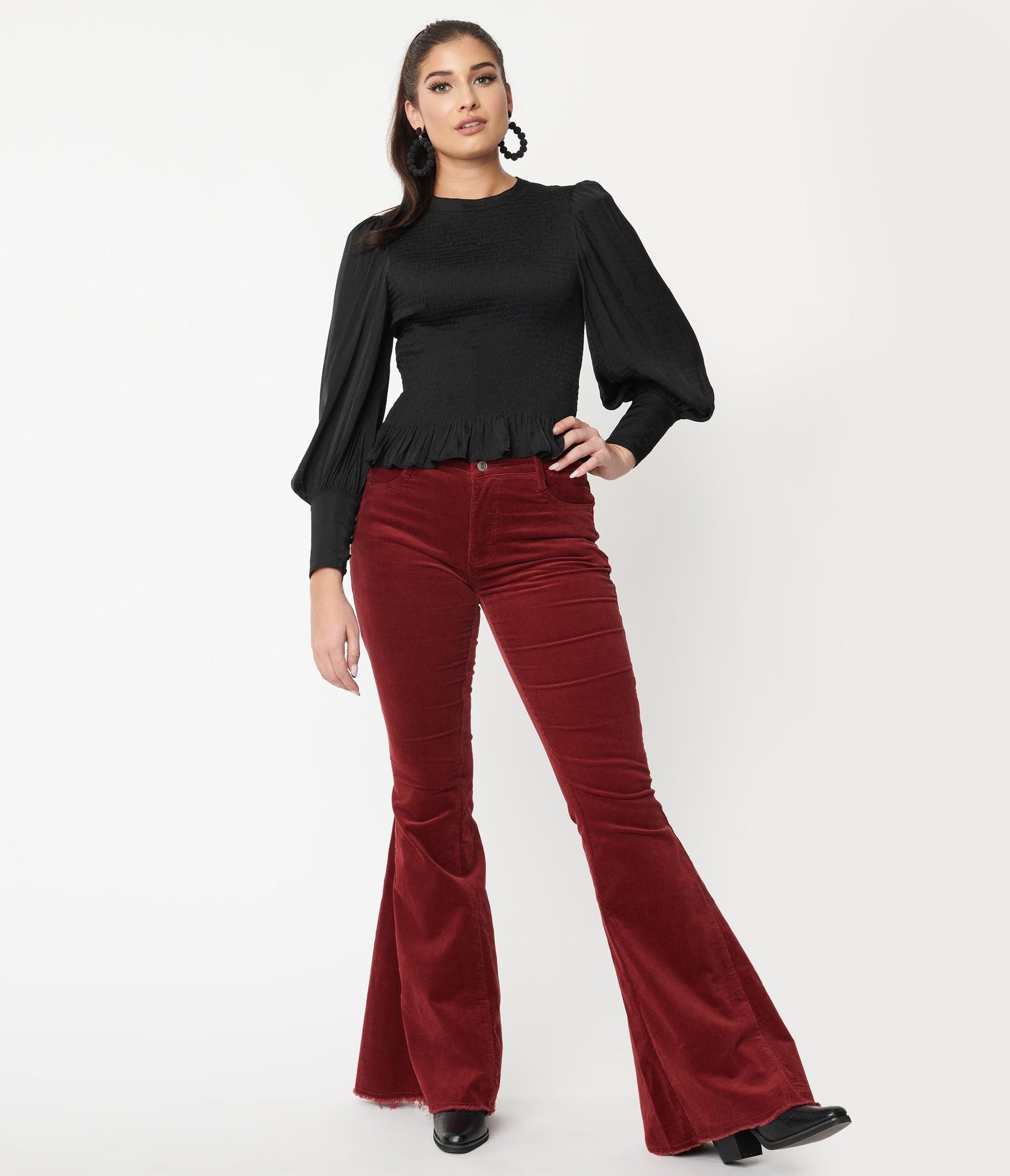 Women's Flare Flared Pants Bell Bottom Slacks Velvet Black Red